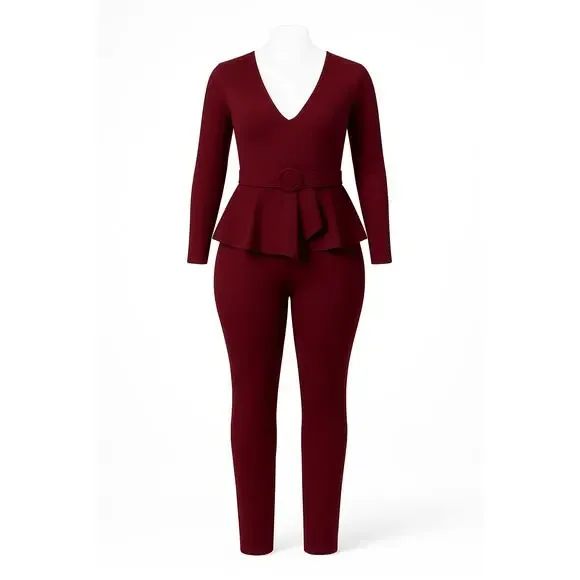 GIBIU Wine Burgundy Peplum Belted Jumpsuit – 1X (Junior Plus 12–14) - Picture 3 of 3